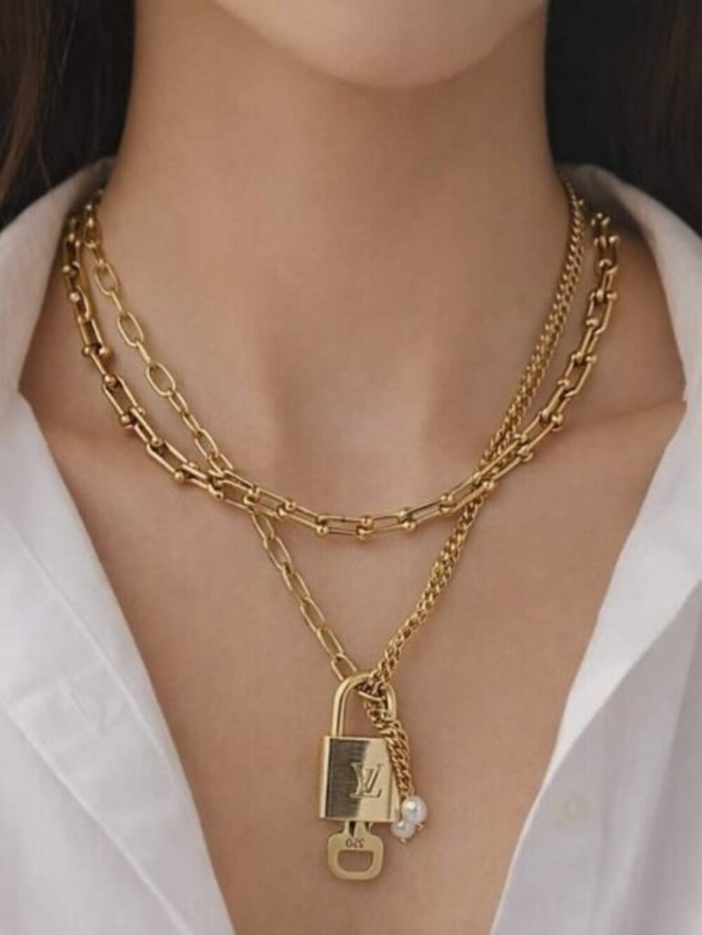 Double Chain Necklace with Authentic Louis Vuitton Padlock Pendant & Fresh Pearl